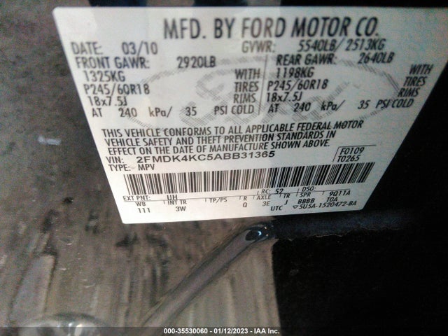 2010 FORD EDGE LIMITED VIN: 2FMDK4KC5ABB31365