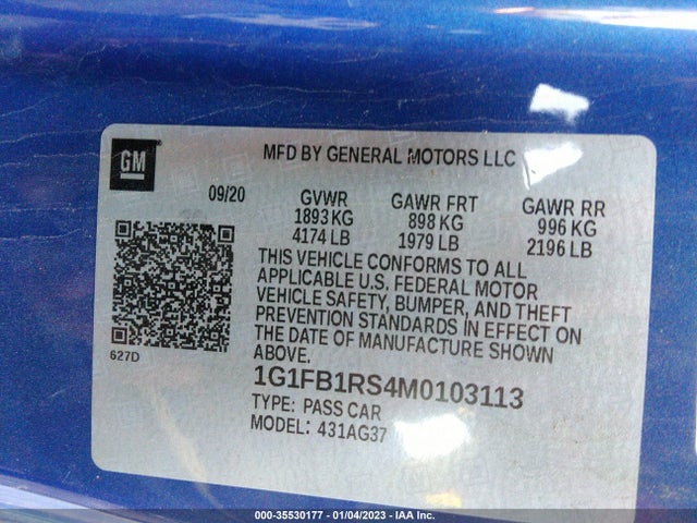 2021 Chevrolet Camaro, VIN: 1G1FB1RS4M0103113