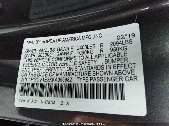 2019 Honda Accord, VIN: 1HGCV1E3XKA055982