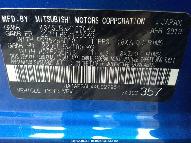 2019 Mitsubishi Outlander, VIN: JA4AP3AU4KU027954
