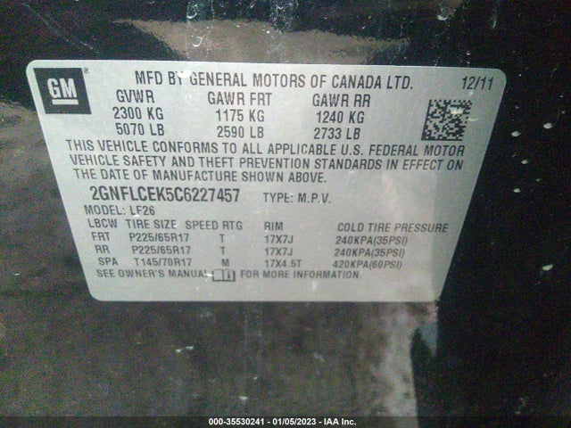 2012 CHEVROLET EQUINOX LS VIN: 2GNFLCEK5C6227457