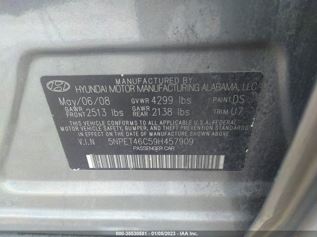 2009 HYUNDAI SONATA GLS VIN: 5NPET46C59H457909