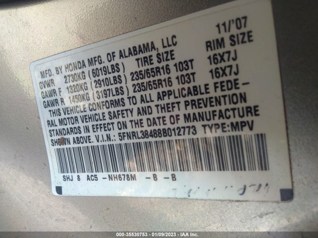 2008 HONDA ODYSSEY EX VIN: 5FNRL38488B012773