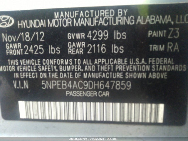 2013 HYUNDAI SONATA GLS VIN: 5NPEB4AC9DH647859