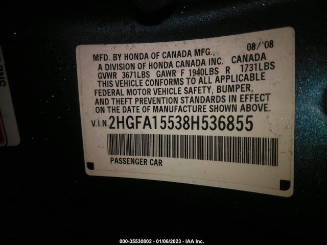 2008 HONDA CIVIC SDN LX VIN: 2HGFA15538H536855