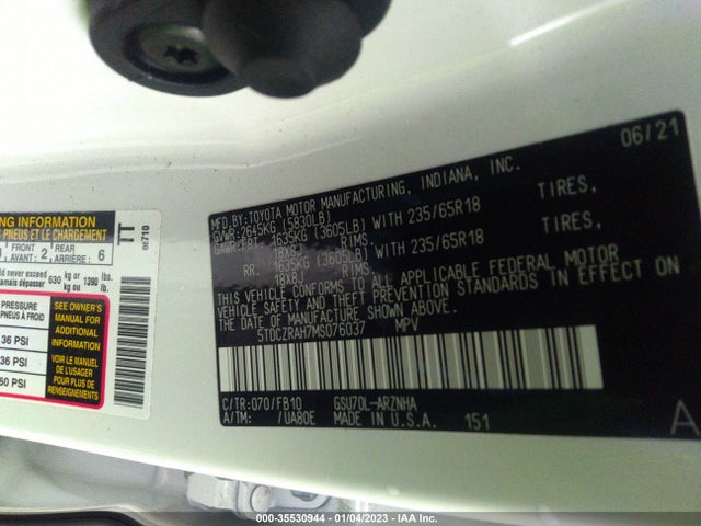 2021 TOYOTA HIGHLANDER VIN: 5TDCZRAH7MS076037