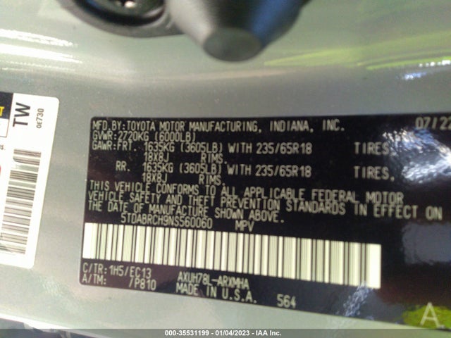 2022 Toyota Highlander, VIN: 5TDABRCH9NS560060