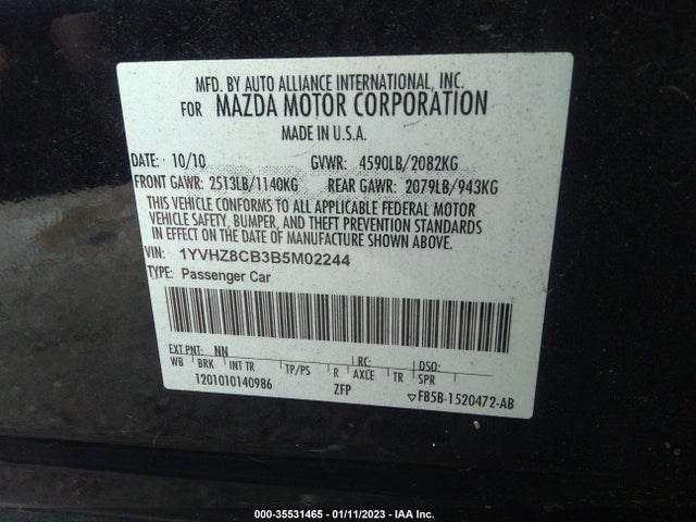 2011 MAZDA MAZDA6 S GRAND TOURING VIN: 1YVHZ8CB3B5M02244