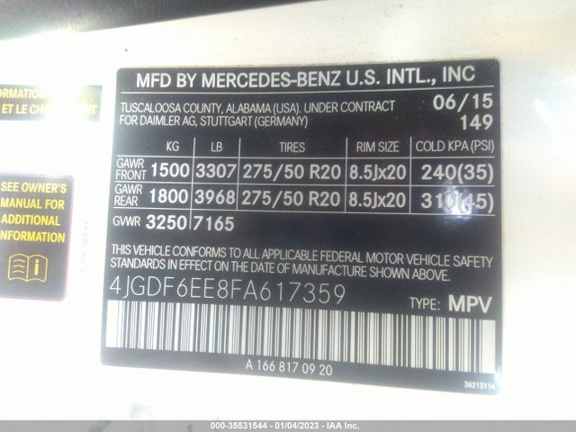 2015 Mercedes-Benz GL-Class, VIN: 4JGDF6EE8FA617359