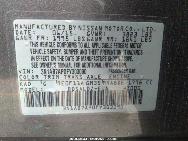 2015 Nissan Sentra, VIN: 3N1AB7AP0FY303090