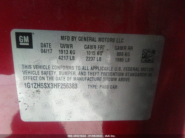 2017 Chevrolet Malibu, VIN: 1G1ZH5SX3HF256383