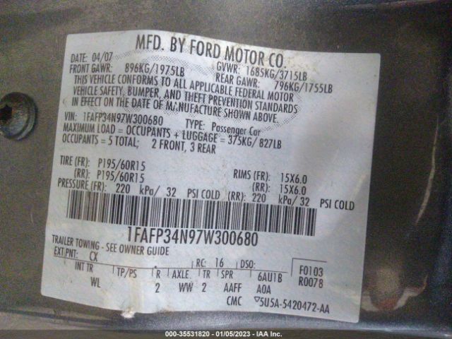 2007 FORD FOCUS S/SE/SES VIN: 1FAFP34N97W300680