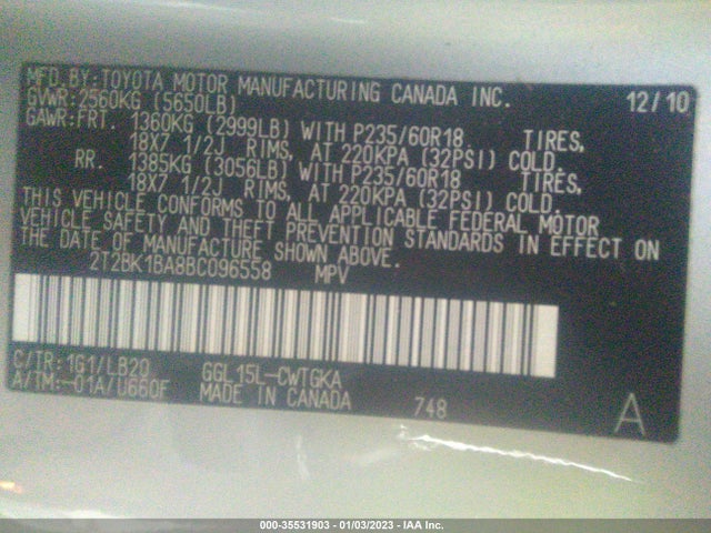 2T2BK1BA8BC096558 Lexus RX 350