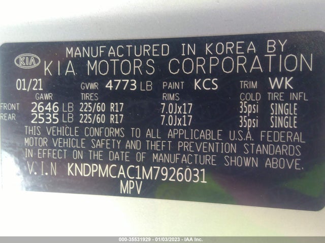 2021 Kia Sportage, VIN: KNDPMCAC1M7926031