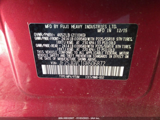 2016 Subaru Forester, VIN: JF2SJGVC1GH506872