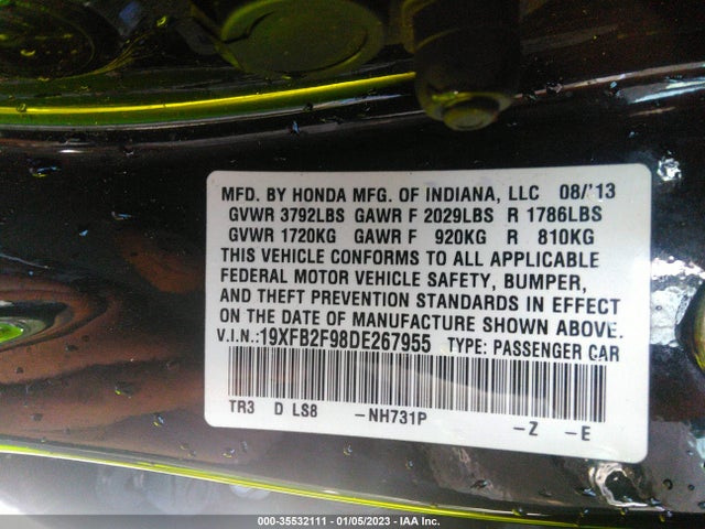 2013 HONDA CIVIC SDN EX-L VIN: 19XFB2F98DE267955