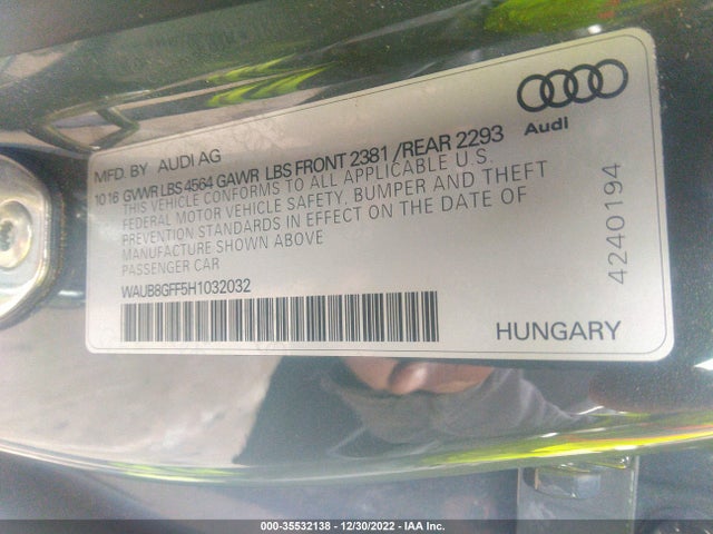 2017 AUDI A3 SEDAN PREMIUM VIN: WAUB8GFF5H1032032