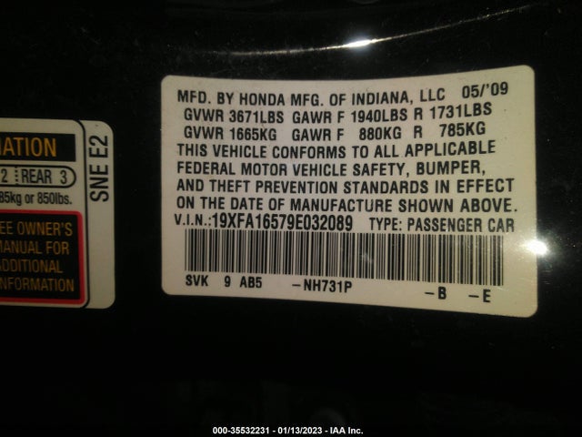 2009 HONDA CIVIC SDN LX VIN: 19XFA16579E032089
