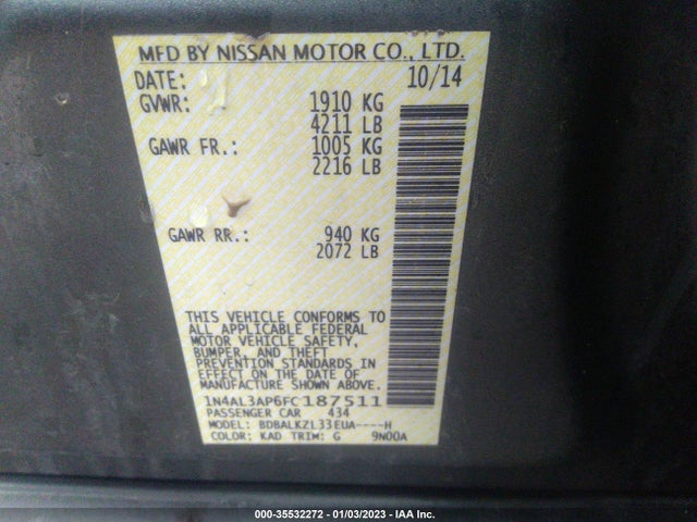 2015 NISSAN ALTIMA 2.5 SV VIN: 1N4AL3AP6FC187511