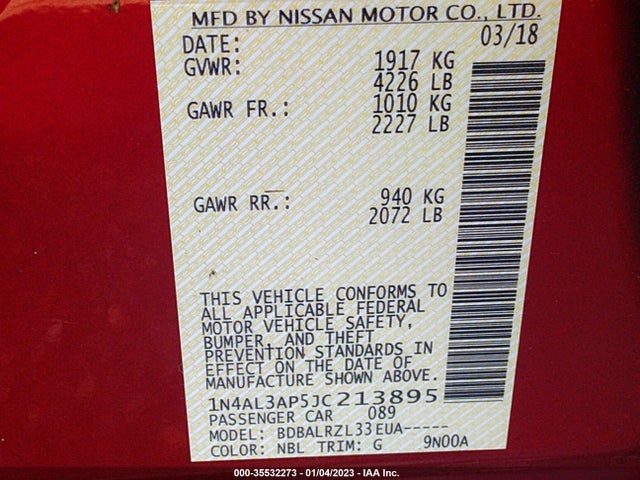 2018 NISSAN ALTIMA 2.5 SL VIN: 1N4AL3AP5JC213895