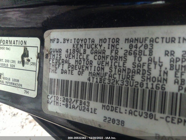 2003 TOYOTA CAMRY LE/SE/XLE VIN: 4T1BE32K33U201166