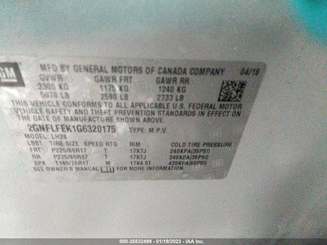 2016 Chevrolet Equinox, VIN: 2GNFLFEK1G6320175