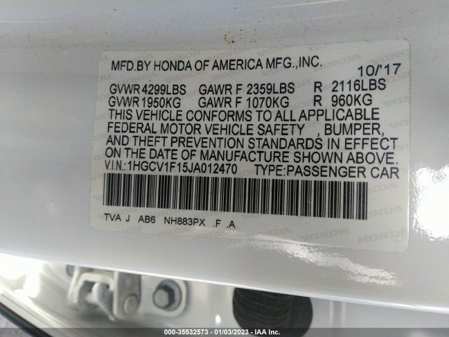 2018 HONDA ACCORD SEDAN LX 1.5T VIN: 1HGCV1F15JA012470