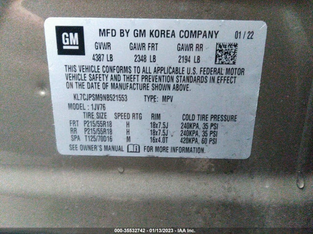 2022 Chevrolet Trax, VIN: KL7CJPSM9NB521553