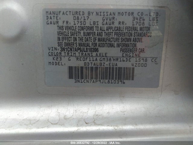 2018 Nissan Versa, VIN: 3N1CN7AP9JL810396