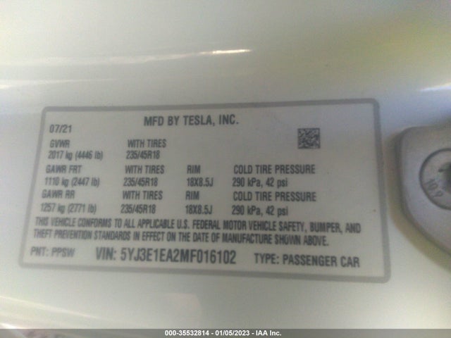 Tesla Model 3 Standard Range Plus 2021 5YJ3E1EA2MF016102 Image 9