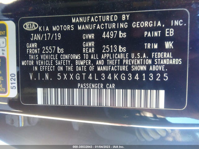 2019 Kia Optima, VIN: 5XXGT4L34KG341325