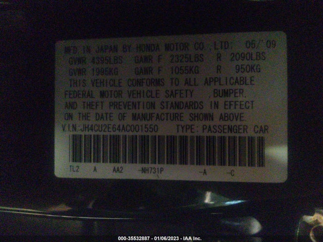2010 ACURA TSX VIN: JH4CU2E64AC001550