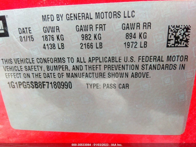 2015 Chevrolet Cruze, VIN: 1G1PG5SB8F7180990