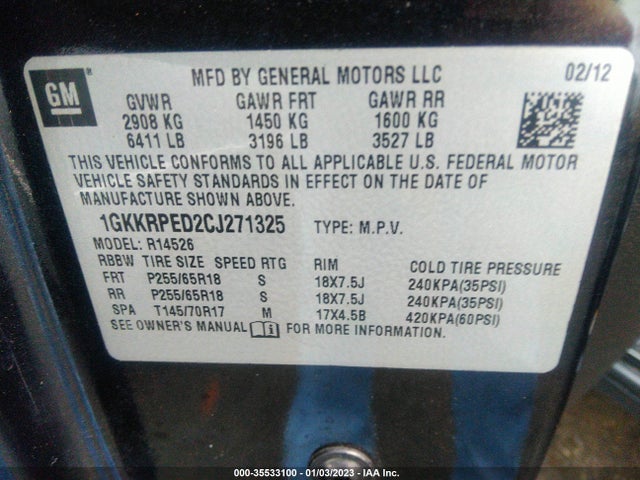 2012 GMC ACADIA SLE VIN: 1GKKRPED2CJ271325