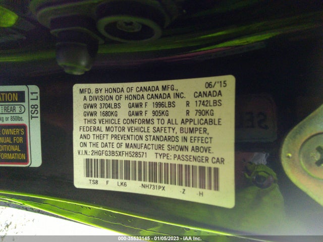 2015 Honda Civic, VIN: 2HGFG3B5XFH528571