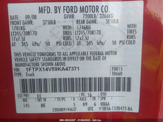 2009 FORD F-150 XL/XLT/FX4/LARIAT VIN: 1FTPX14V59KA47371