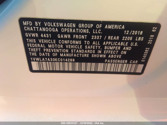2019 Volkswagen Passat, VIN: 1VWLA7A33KC014288