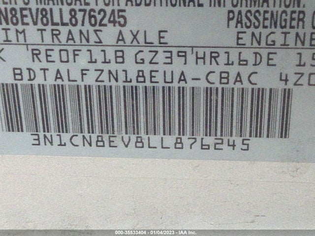 2020 Nissan Versa, VIN: 3N1CN8EV8LL876245