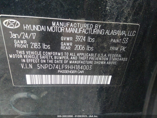 2017 HYUNDAI ELANTRA SE VIN: 5NPD74LF9HH184003