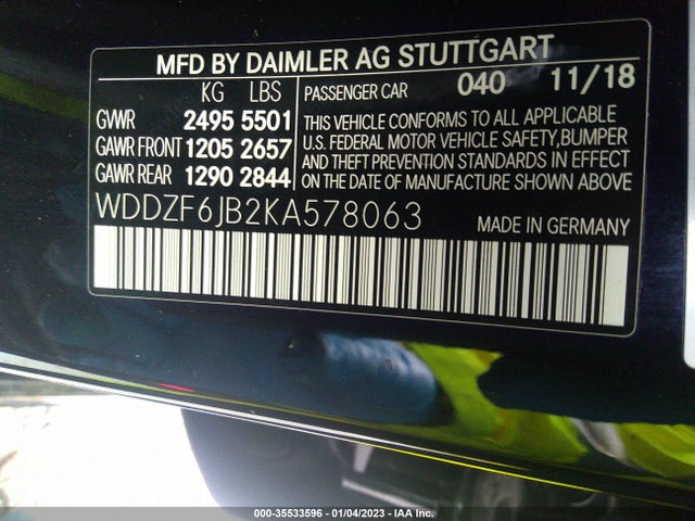 2019 Mercedes-Benz E-Class, VIN: WDDZF6JB2KA578063