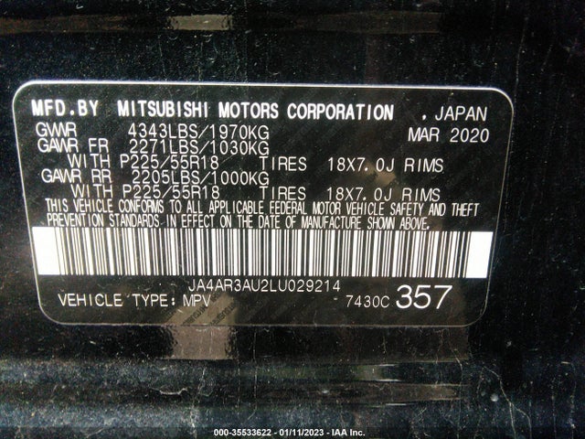 2020 Mitsubishi Outlander, VIN: JA4AR3AU2LU029214