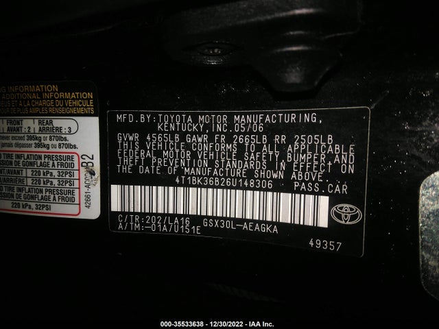 2006 TOYOTA AVALON XL/TOURING/XLS/LIMITED VIN: 4T1BK36B26U148306