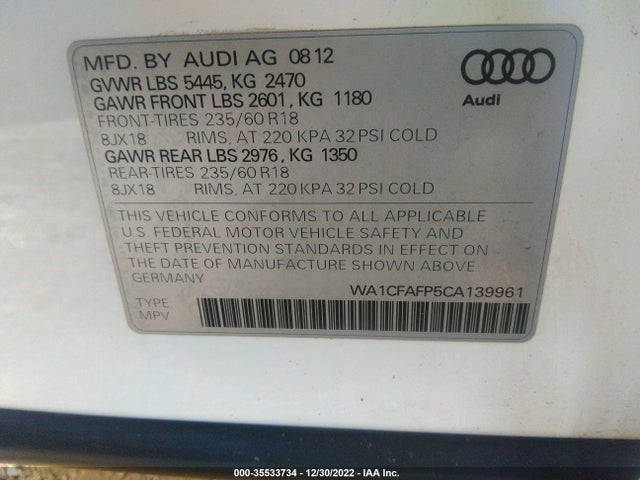 WA1CFAFP5CA139961 Audi Q5 2.0t Premium