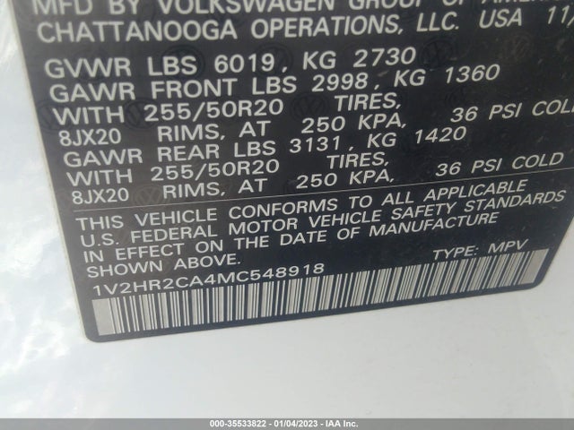 2021 Volkswagen Atlas, VIN: 1V2HR2CA4MC548918
