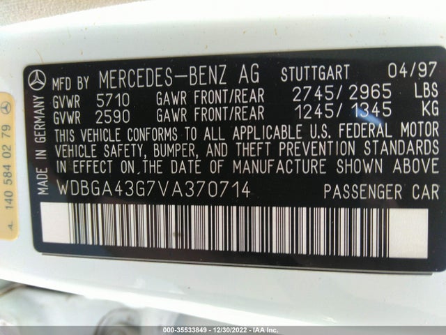 1997 MERCEDES-BENZ S CLASS VIN: WDBGA43G7VA370714