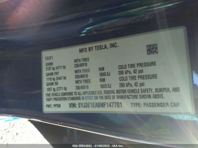 5YJ3E1EA8NF147701 Tesla MODEL 3