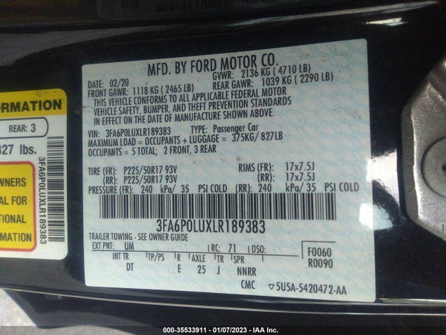 2020 Ford Fusion, VIN: 3FA6P0LUXLR189383