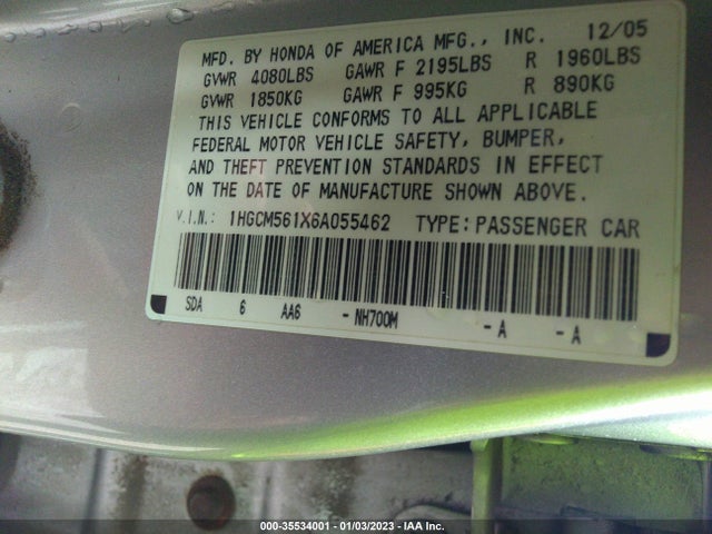 2006 HONDA ACCORD SDN VP VIN: 1HGCM561X6A055462