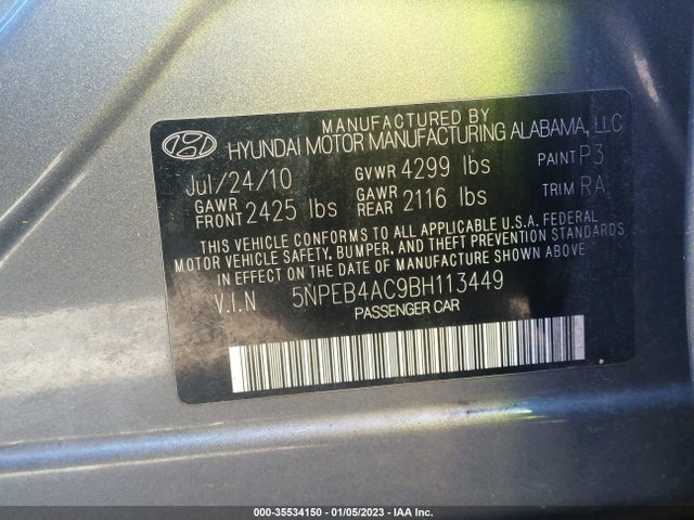 2011 HYUNDAI SONATA GLS VIN: 5NPEB4AC9BH113449