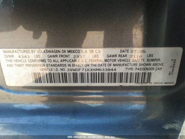 2006 VOLKSWAGEN JETTA SEDAN 2.5L VIN: 3VWDF71KX6M633844